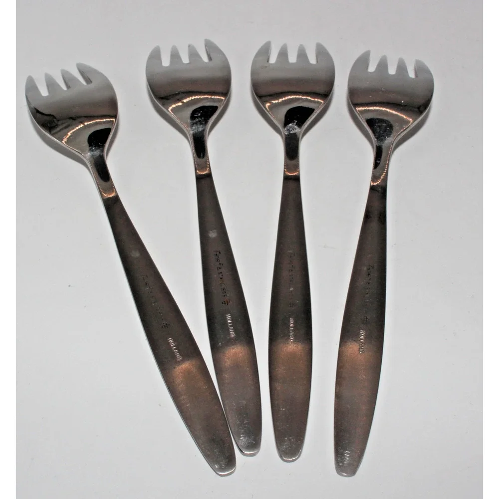Vintage Set of 4 Amefa Tulip Time pattern stainless salad forks Holland 5 7/8